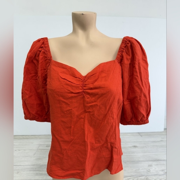 H&M Vibrant Orange Linen Blend Puff Short Sleeve Top Blouse- S - Picture 3 of 12